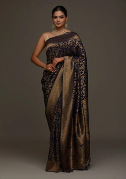 Hypnotic Navy Blue Pure Banarasi Silk Saree With Flameboyant Blouse Piece