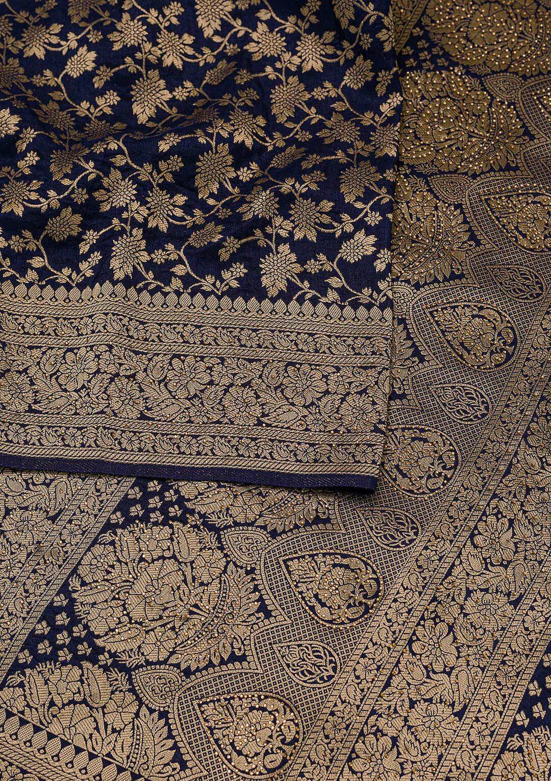 Hypnotic Navy Blue Pure Banarasi Silk Saree With Flameboyant Blouse Piece