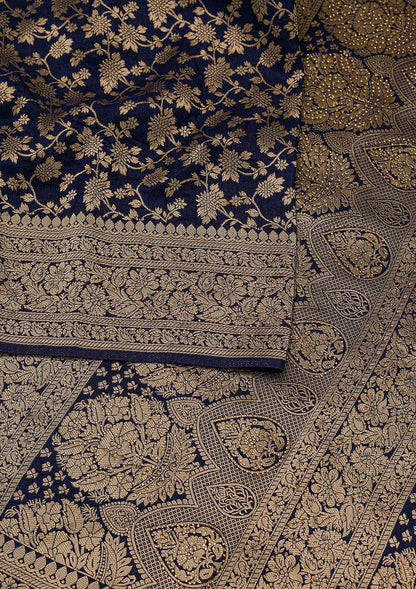 Hypnotic Navy Blue Pure Banarasi Silk Saree With Flameboyant Blouse Piece