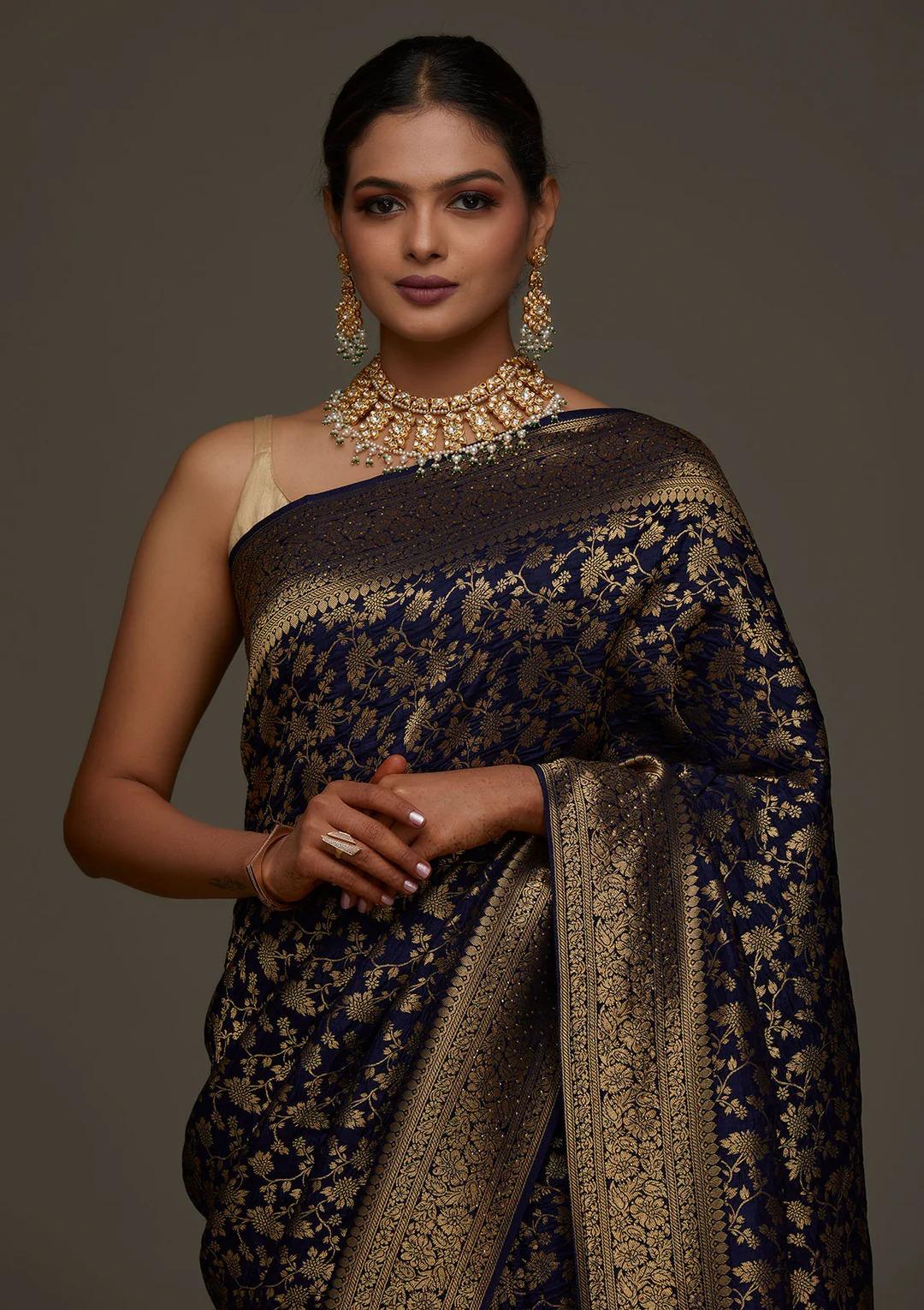 Hypnotic Navy Blue Pure Banarasi Silk Saree With Flameboyant Blouse Piece