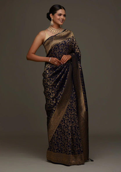 Hypnotic Navy Blue Pure Banarasi Silk Saree With Flameboyant Blouse Piece