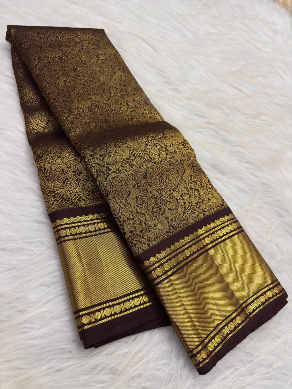 Smashing Brown Pure Banarasi Silk Saree With Ebullience Blouse Piece