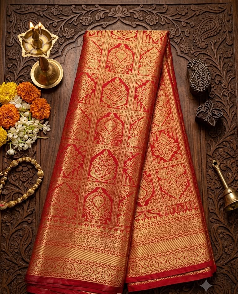 Grandiose Red Pure Banarasi Silk Saree With Phenomenal Blouse Piece