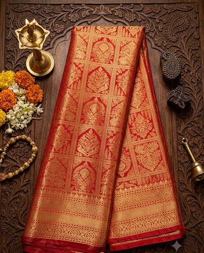 Grandiose Red Pure Banarasi Silk Saree With Phenomenal Blouse Piece