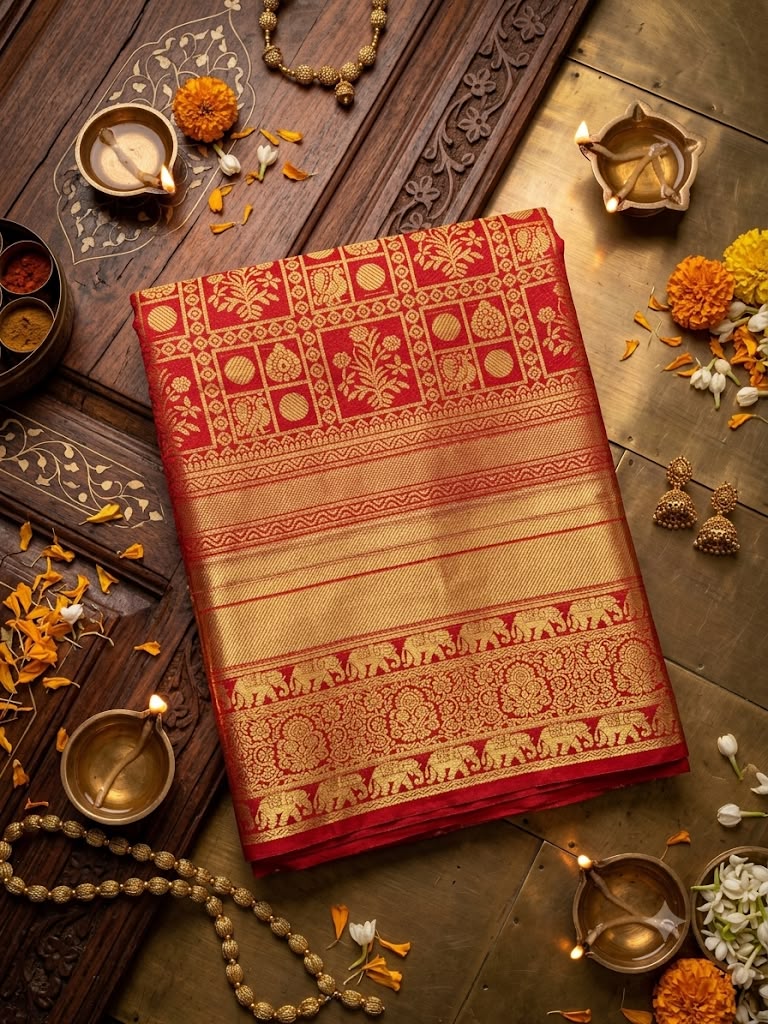 Fugacious Red Pure Banarasi Silk Saree With Mellifluous Blouse Piece