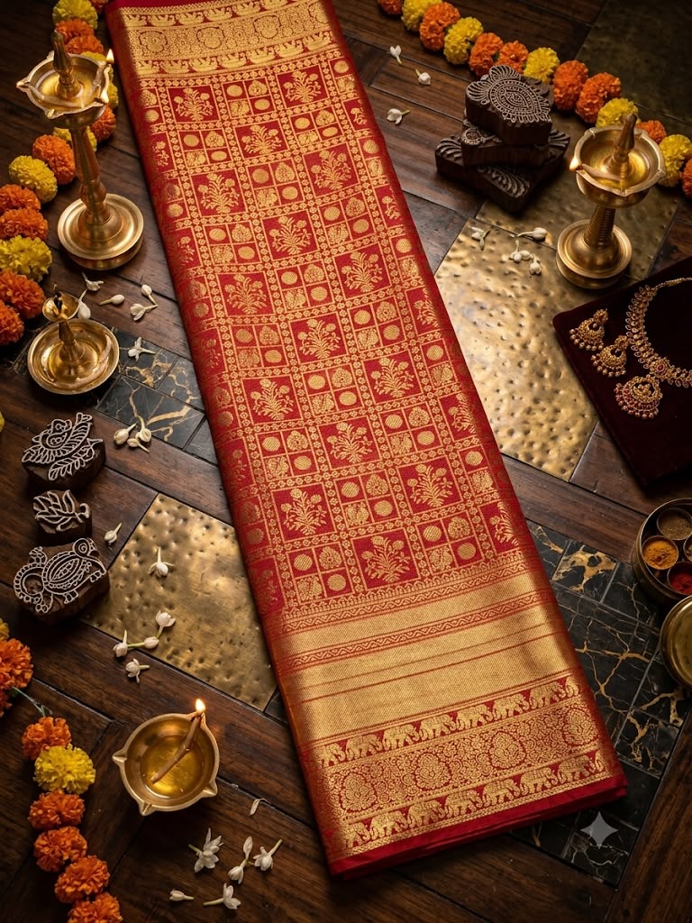 Fugacious Red Pure Banarasi Silk Saree With Mellifluous Blouse Piece