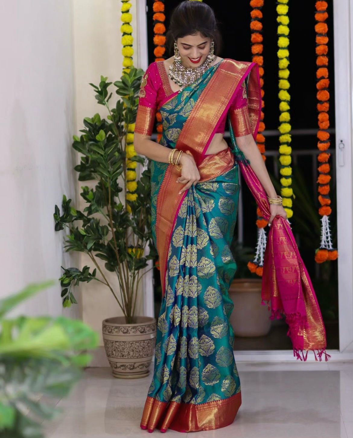 Transcendent Rama Soft Silk Saree With Radiant Blouse Piece