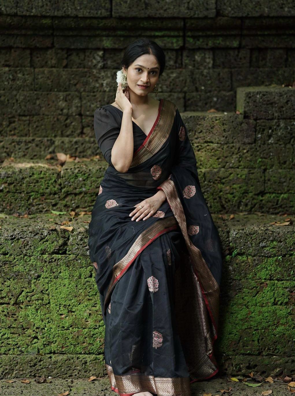 Surpassing Black Soft Silk Saree With Embellished Blouse Piece