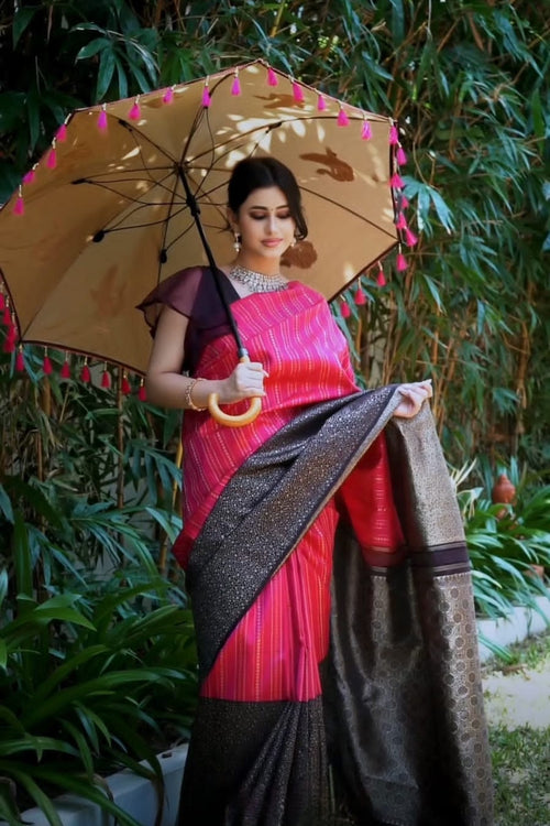 CHARUKRITI Black & Pink Cotton Woven Saree With Unstitched Blouse