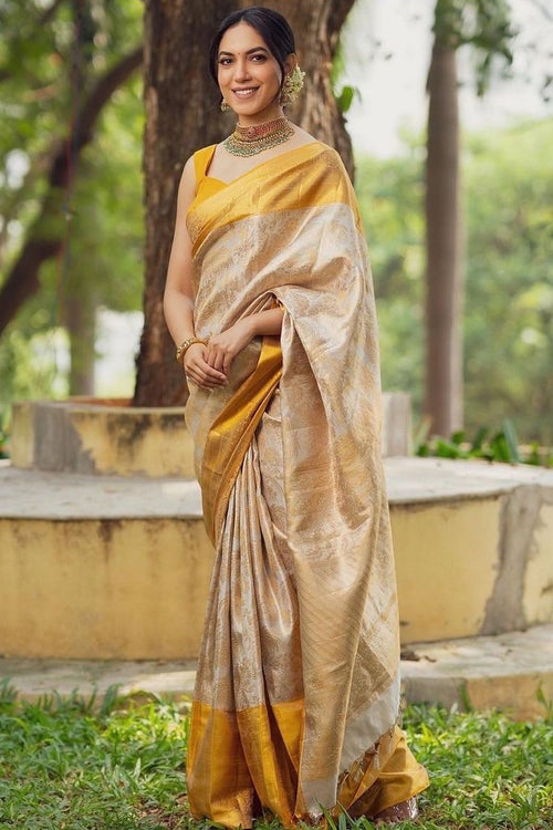 Load image into Gallery viewer, Imbrication Beige Soft Silk Saree With Embellished Blouse Piece
