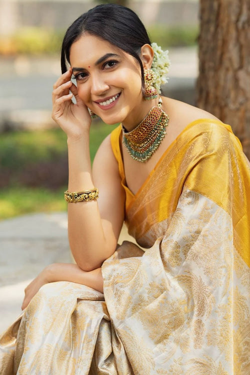 Load image into Gallery viewer, Imbrication Beige Soft Silk Saree With Embellished Blouse Piece
