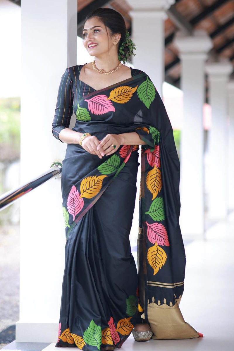 Pretty Black Soft Silk Saree With Beautiful Blouse Piece