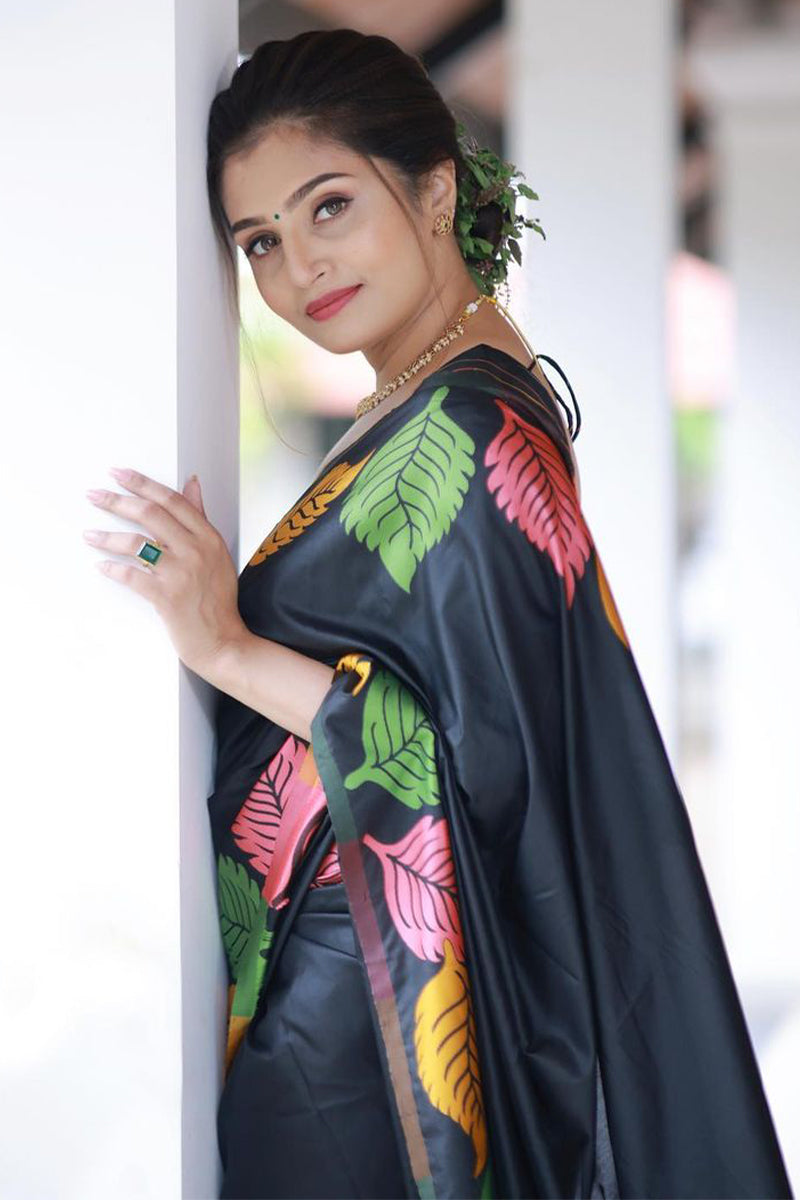 Pretty Black Soft Silk Saree With Beautiful Blouse Piece