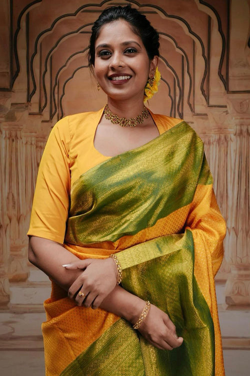 Load image into Gallery viewer, Classy Yellow Soft Silk Saree With Engrossing Blouse Piece
