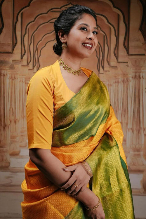 Load image into Gallery viewer, Classy Yellow Soft Silk Saree With Engrossing Blouse Piece
