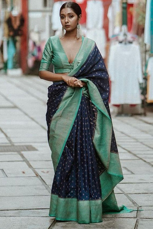 Load image into Gallery viewer, Beautiful Navy Blue Soft Silk Saree With Hypnotic Blouse Piece
