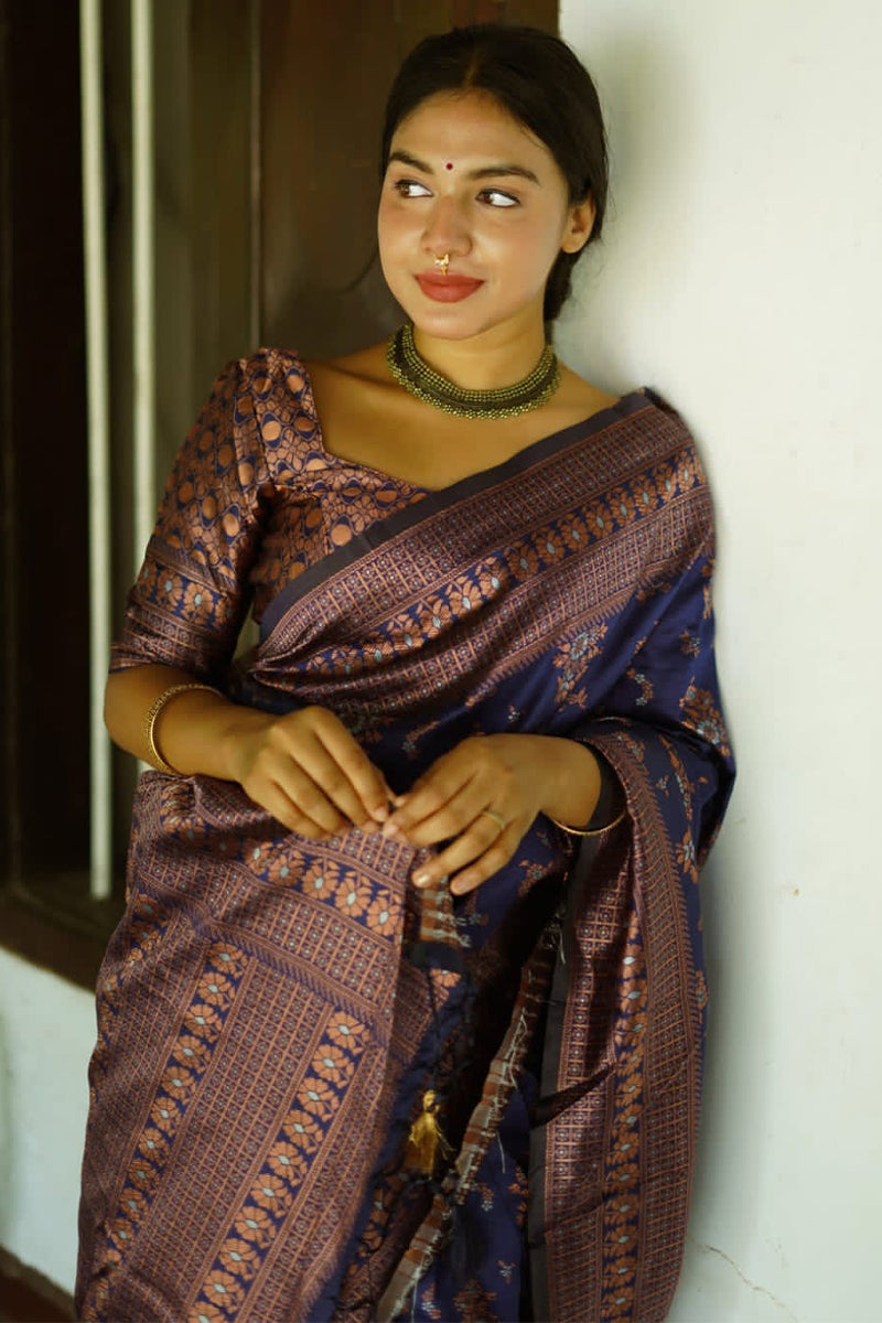 Alluring Blue Soft Silk Saree With Extraordinary Blouse Piece