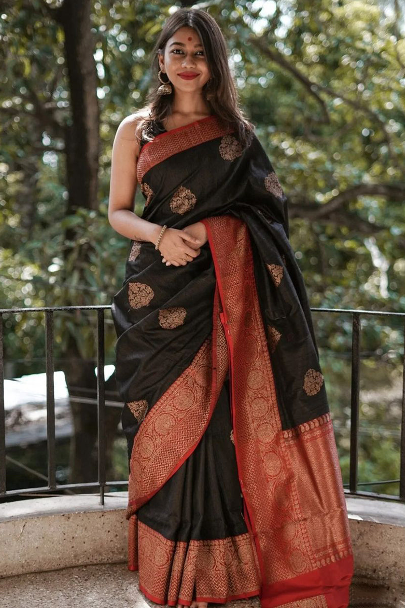 Blooming Black Soft Silk Saree With Impressive Blouse Piece