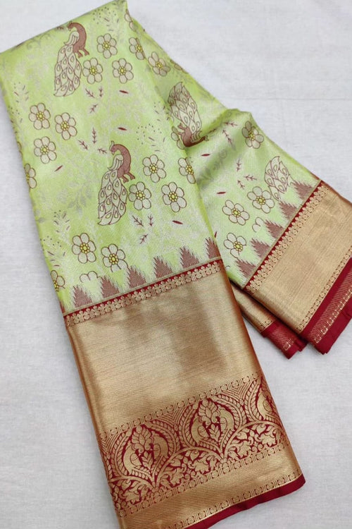 Load image into Gallery viewer, Efflorescence Pista Soft Silk Saree With Imbrication Blouse Piece
