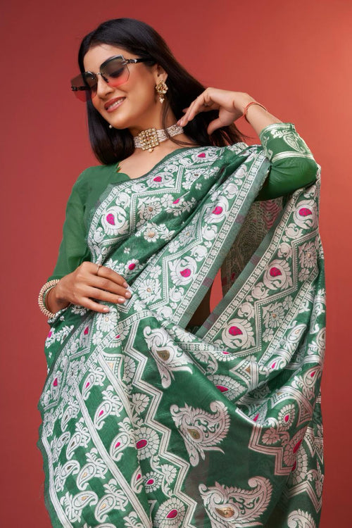 Load image into Gallery viewer, Enigmatic Green Cotton Silk Saree With Radiant Blouse Piece
