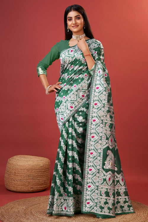 Load image into Gallery viewer, Enigmatic Green Cotton Silk Saree With Radiant Blouse Piece
