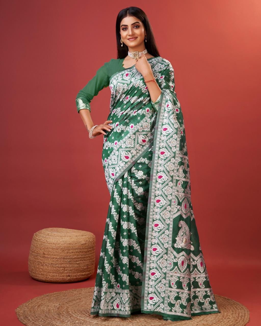 Enigmatic Green Cotton Silk Saree With Radiant Blouse Piece