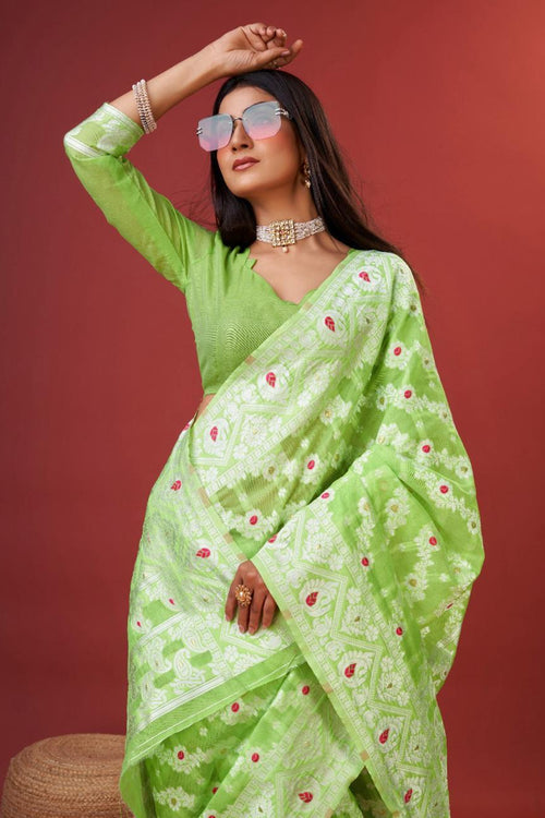 Load image into Gallery viewer, Aplomb Parrot Cotton Silk Saree With Lustrous Blouse Piece
