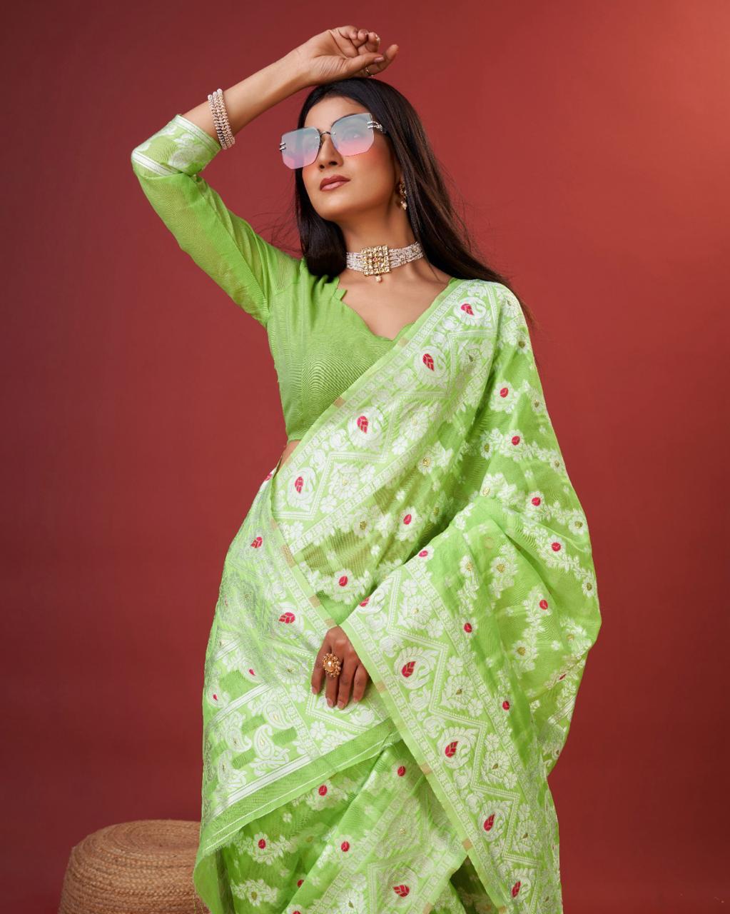 Aplomb Parrot Cotton Silk Saree With Lustrous Blouse Piece