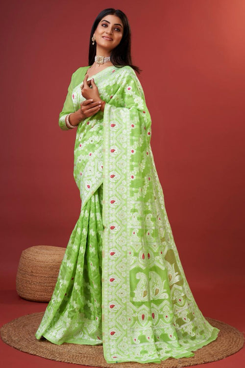 Load image into Gallery viewer, Aplomb Parrot Cotton Silk Saree With Lustrous Blouse Piece
