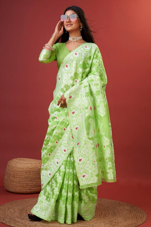 Load image into Gallery viewer, Aplomb Parrot Cotton Silk Saree With Lustrous Blouse Piece
