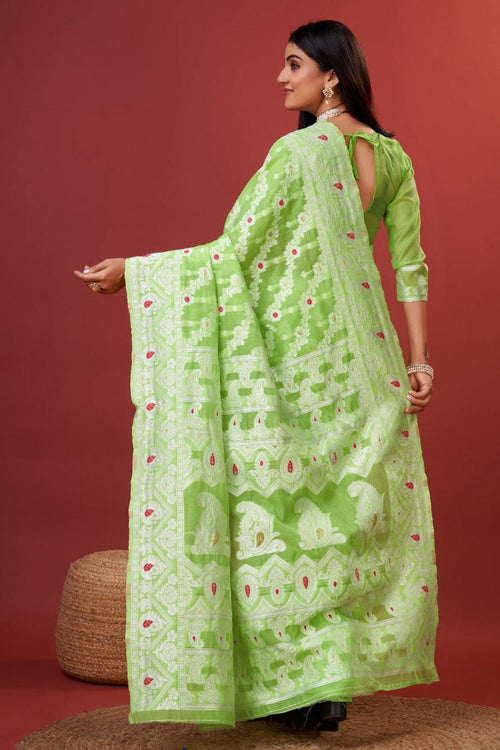 Load image into Gallery viewer, Aplomb Parrot Cotton Silk Saree With Lustrous Blouse Piece
