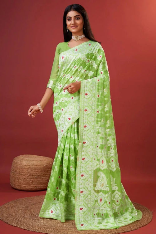 Load image into Gallery viewer, Aplomb Parrot Cotton Silk Saree With Lustrous Blouse Piece
