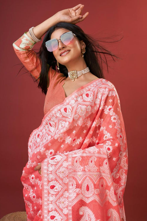 Load image into Gallery viewer, Vibrant Peach Cotton Silk Saree With Allure Blouse Piece
