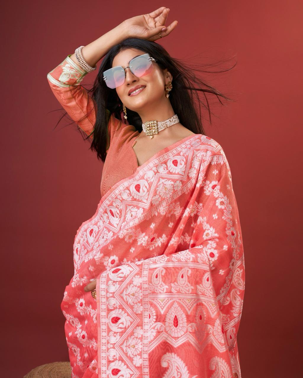 Vibrant Peach Cotton Silk Saree With Allure Blouse Piece