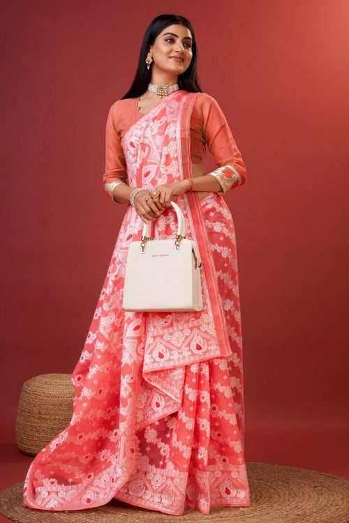 Load image into Gallery viewer, Vibrant Peach Cotton Silk Saree With Allure Blouse Piece
