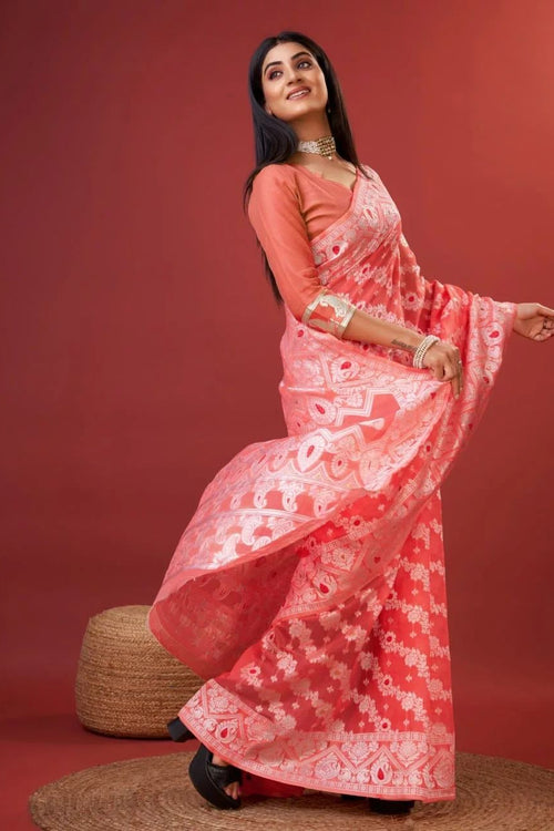 Load image into Gallery viewer, Vibrant Peach Cotton Silk Saree With Allure Blouse Piece
