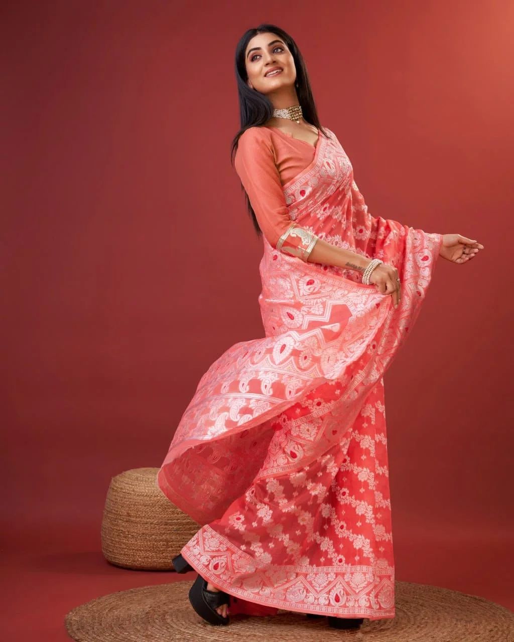 Vibrant Peach Cotton Silk Saree With Allure Blouse Piece