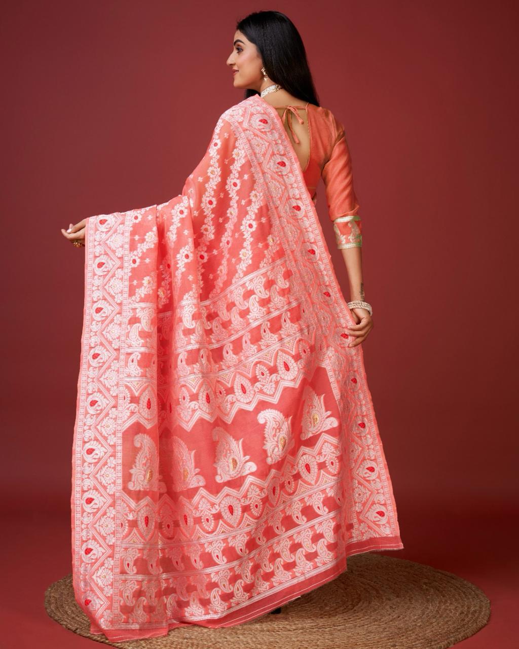 Vibrant Peach Cotton Silk Saree With Allure Blouse Piece