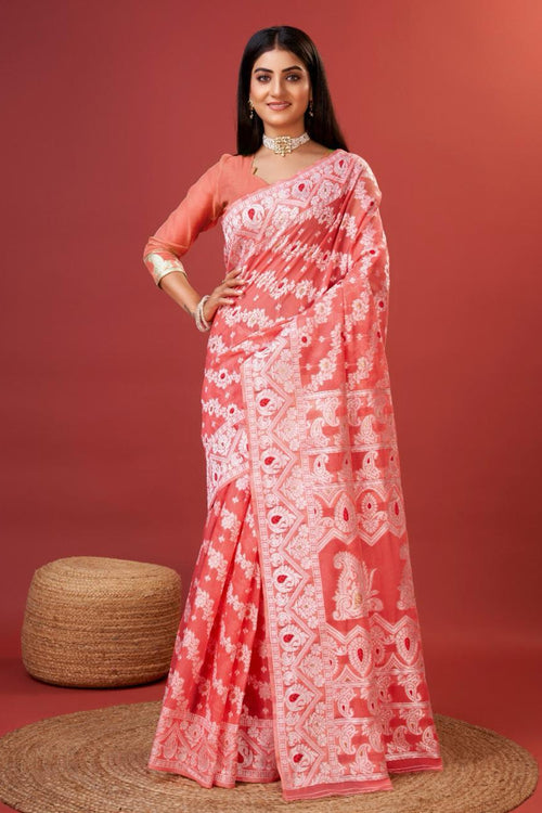 Load image into Gallery viewer, Vibrant Peach Cotton Silk Saree With Allure Blouse Piece
