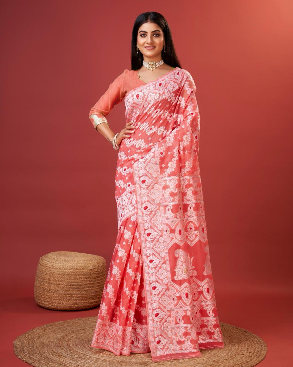 Vibrant Peach Cotton Silk Saree With Allure Blouse Piece