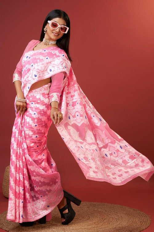 Load image into Gallery viewer, Embellished Pink Cotton Silk Saree With Opulent Blouse Piece
