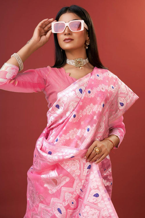 Load image into Gallery viewer, Embellished Pink Cotton Silk Saree With Opulent Blouse Piece
