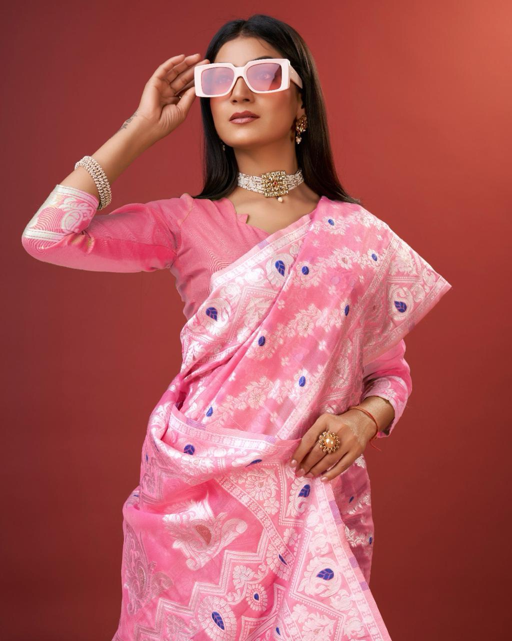 Embellished Pink Cotton Silk Saree With Opulent Blouse Piece