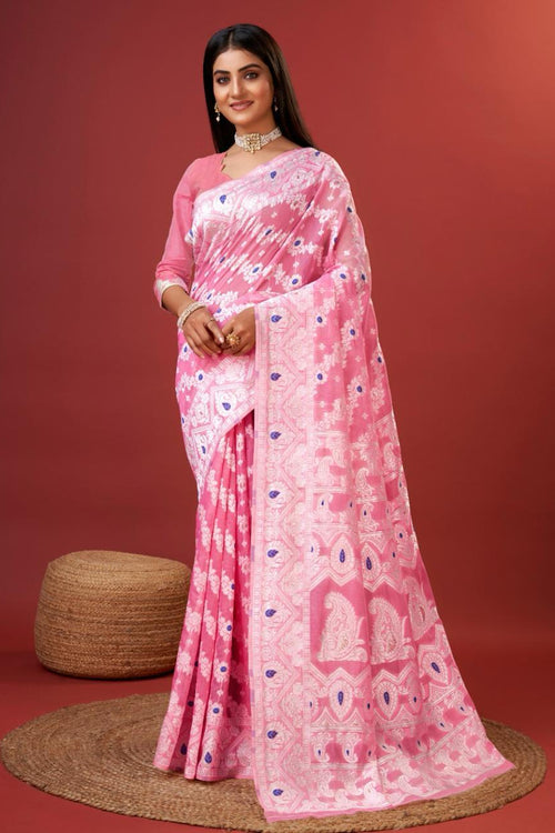 Load image into Gallery viewer, Embellished Pink Cotton Silk Saree With Opulent Blouse Piece
