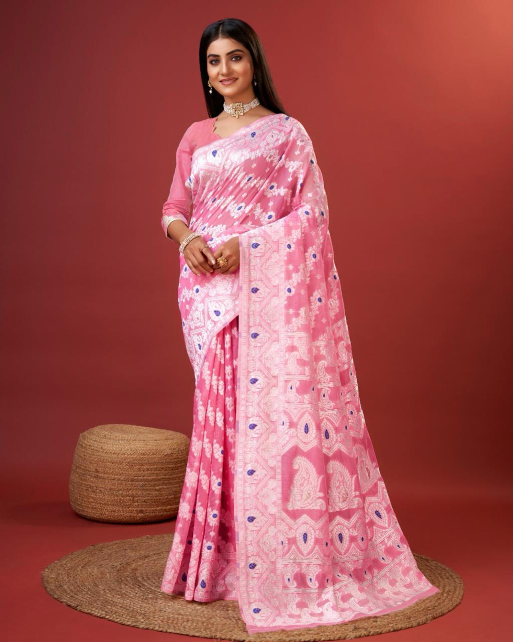 Embellished Pink Cotton Silk Saree With Opulent Blouse Piece