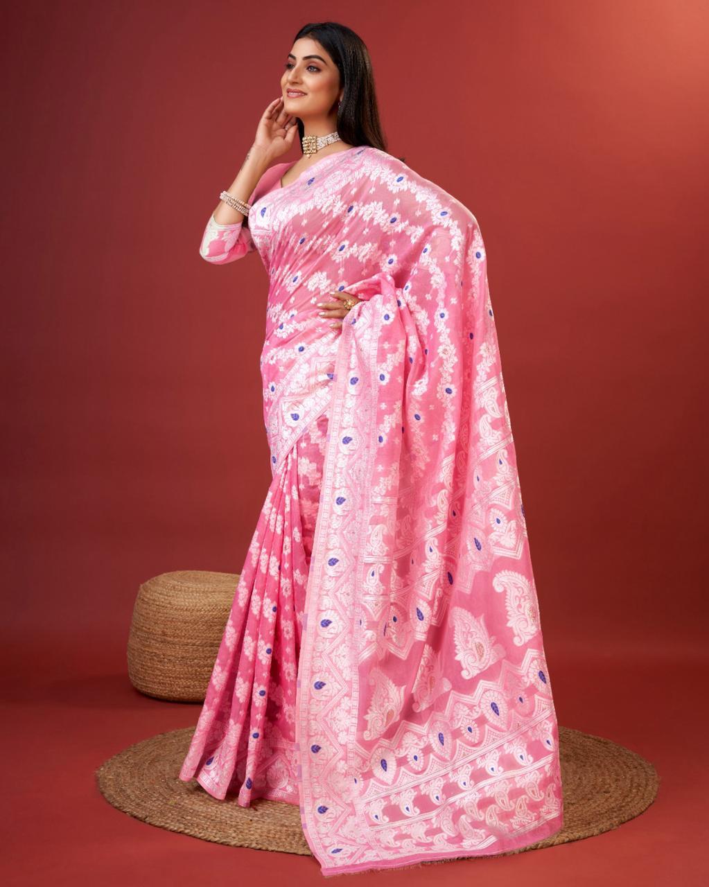 Embellished Pink Cotton Silk Saree With Opulent Blouse Piece