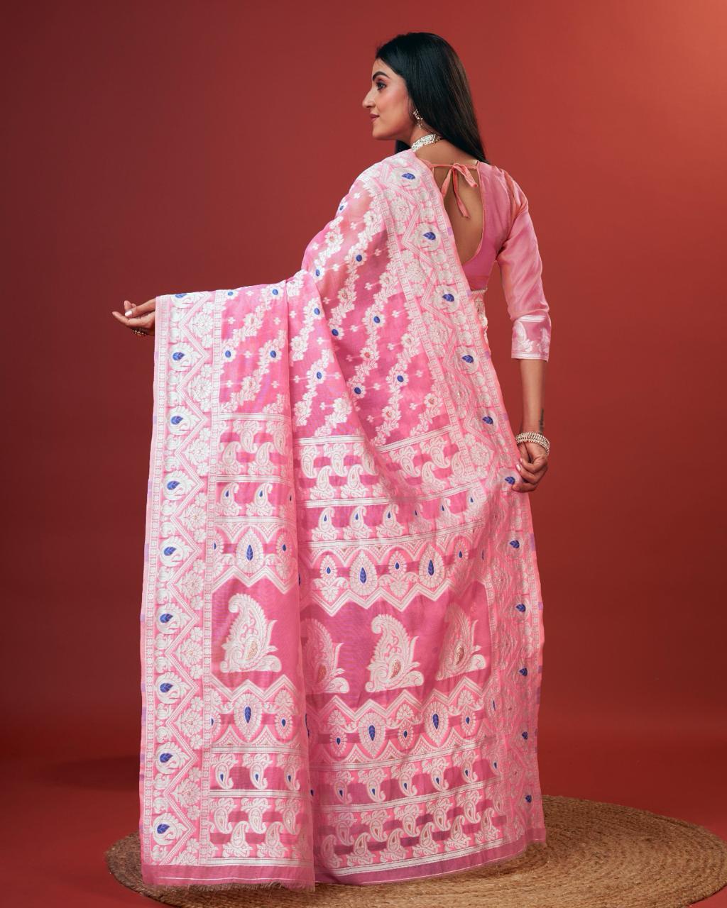 Embellished Pink Cotton Silk Saree With Opulent Blouse Piece