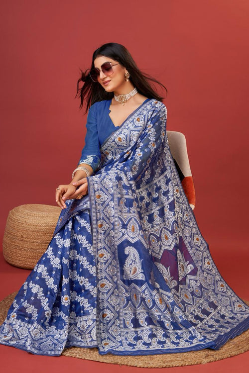 Load image into Gallery viewer, Radiant Royal Blue Cotton Silk Saree With Whimsical Blouse Piece
