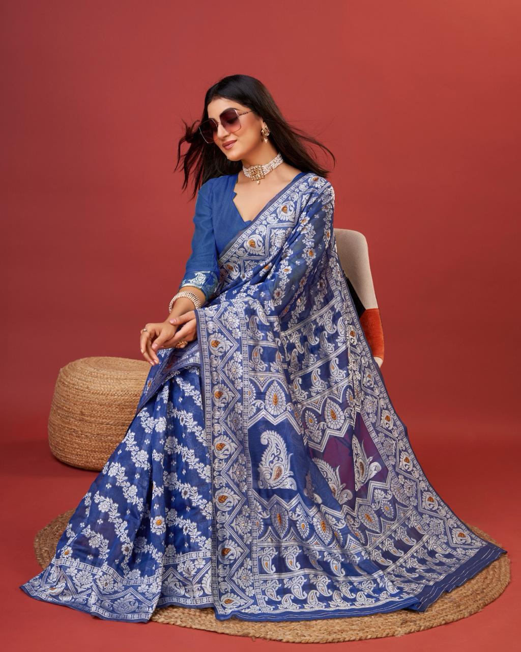 Radiant Royal Blue Cotton Silk Saree With Whimsical Blouse Piece