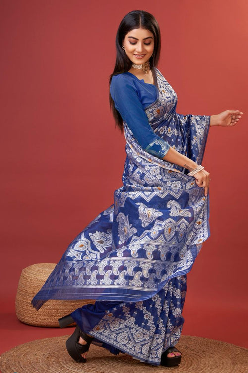 Load image into Gallery viewer, Radiant Royal Blue Cotton Silk Saree With Whimsical Blouse Piece
